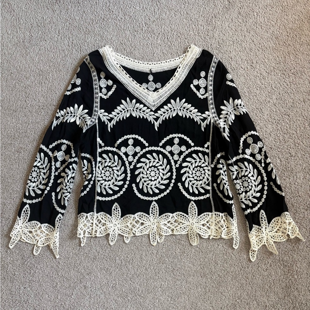 Black and White Embroidered Top